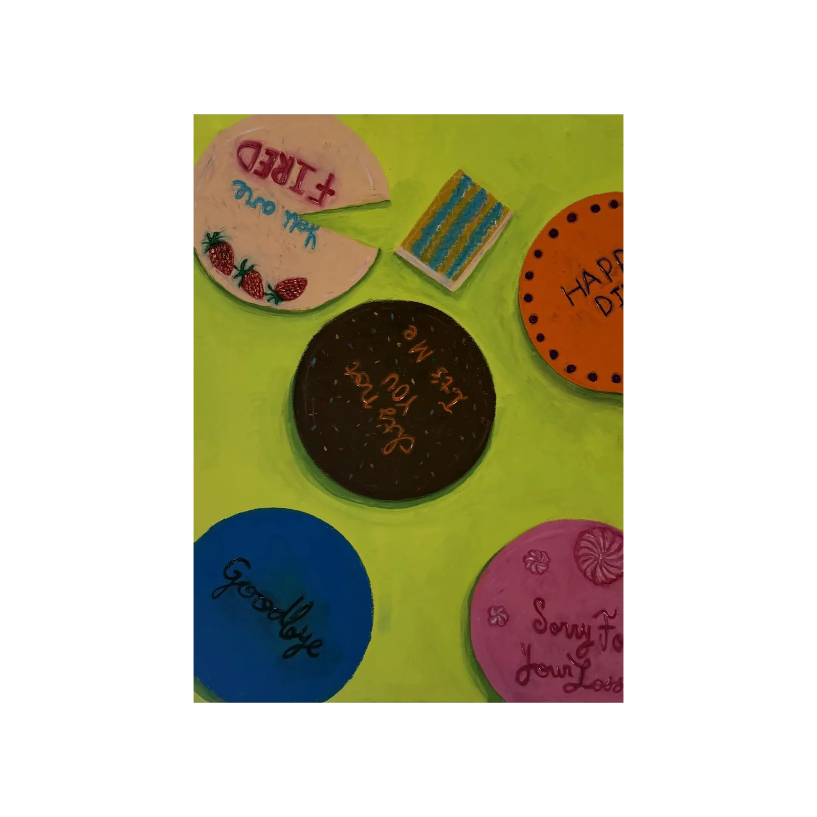 Painting of iced cake slices and rounds on a green ground, each lettered with a different message