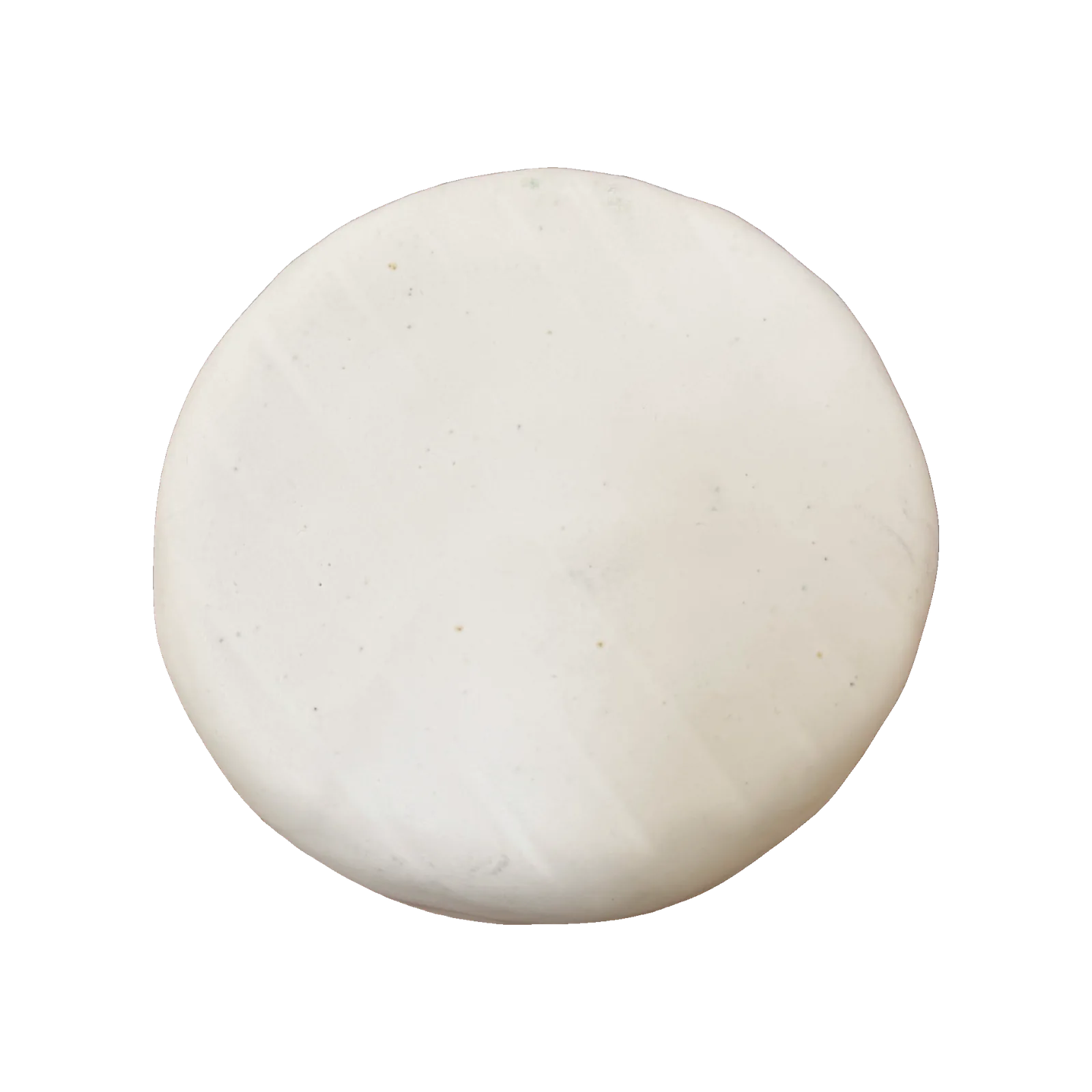 Small round pale ceramic disc, shaped like a wheel of Camembert cheese