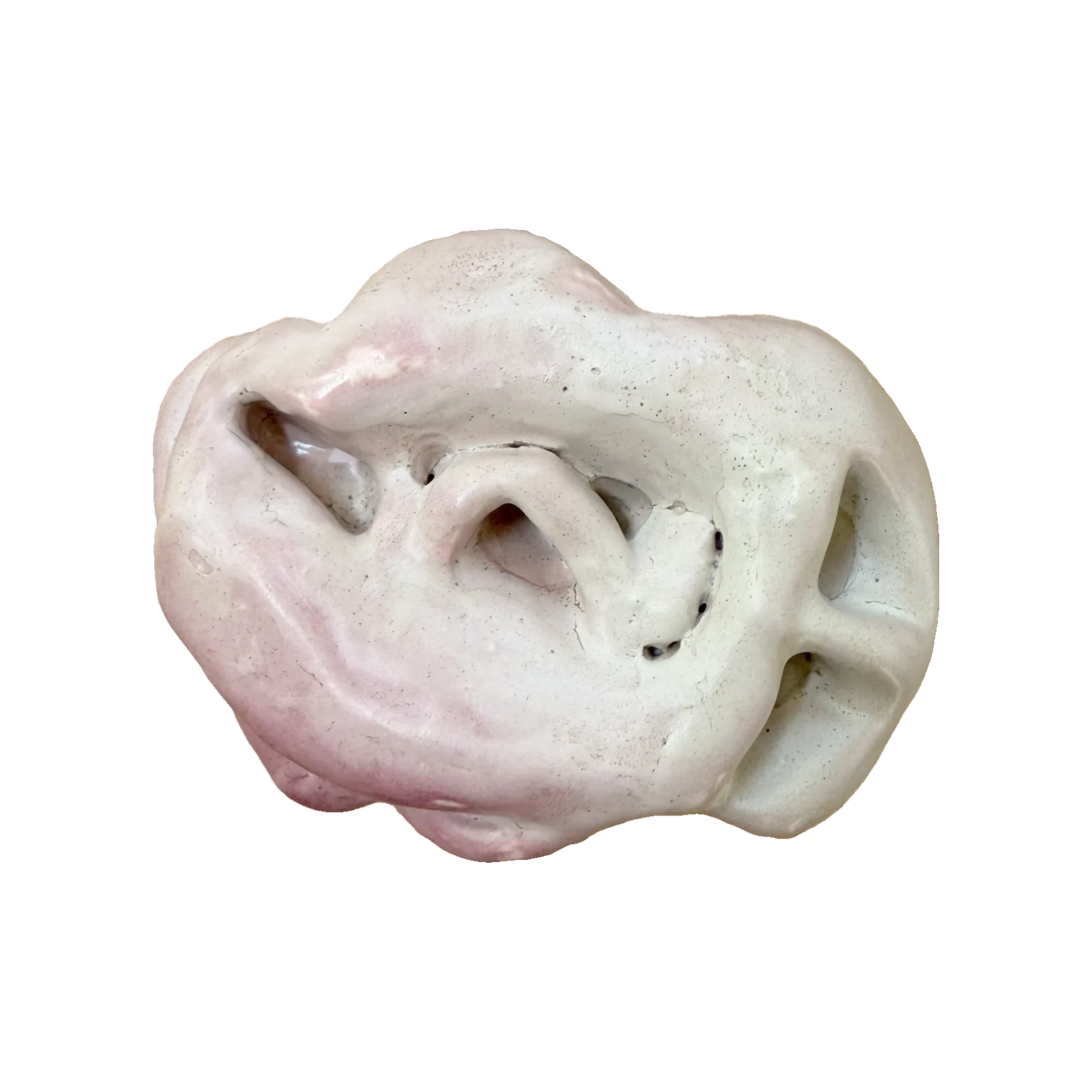Abstract ceramic sculpture of a wad of chewed gum, pink and white glaze