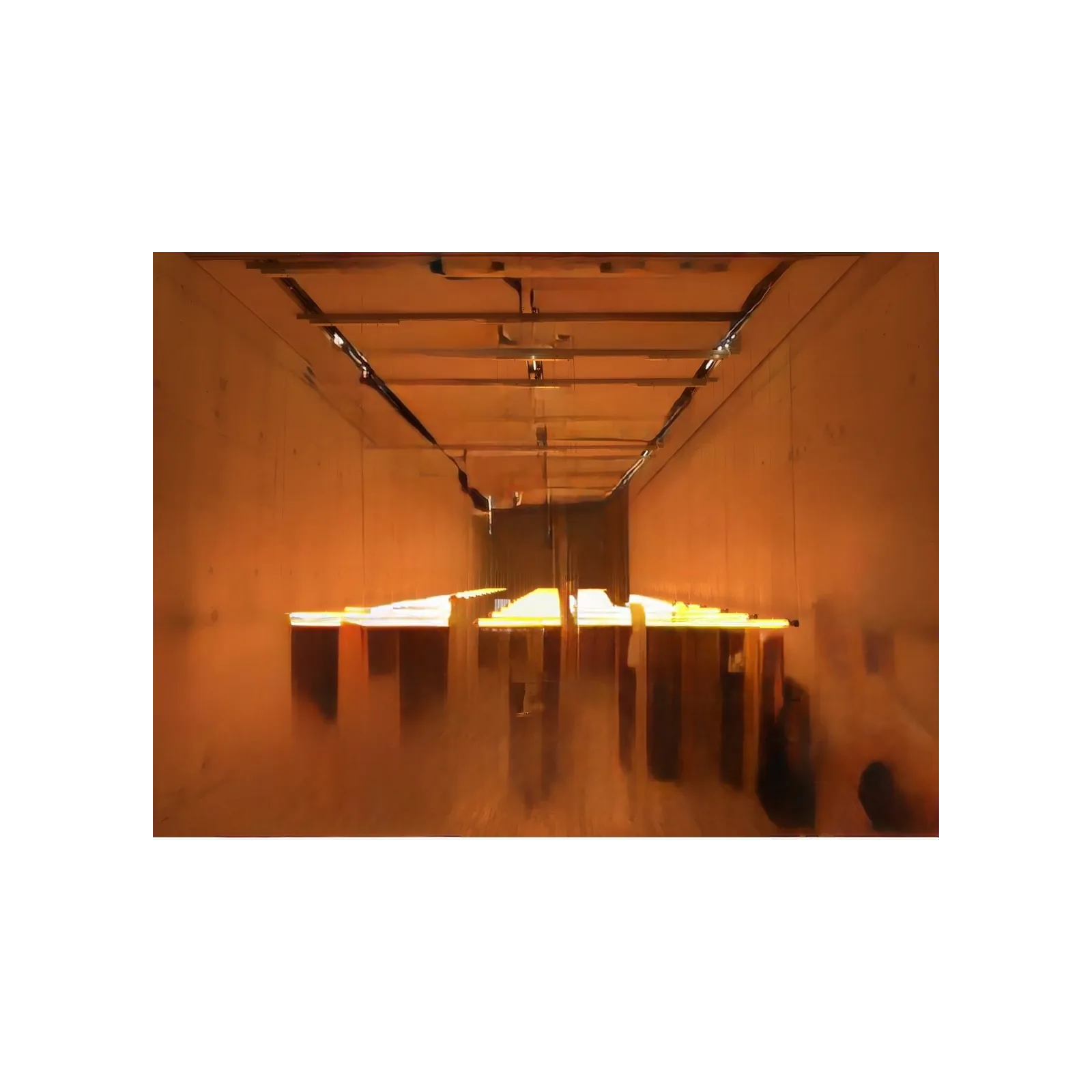 Edited photograph of a hazy orange hall with suspended glowing yellow light fixtures