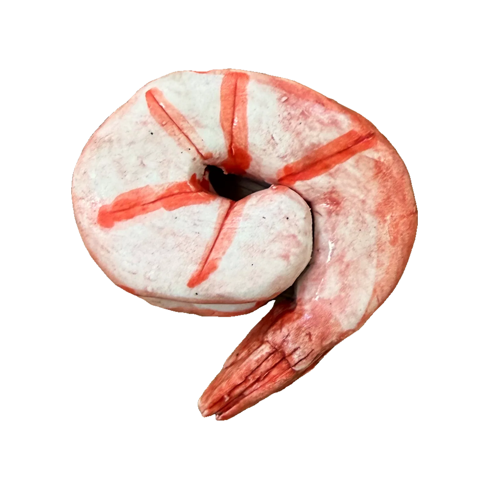 Ceramic shrimp, curled, glazed orange and white