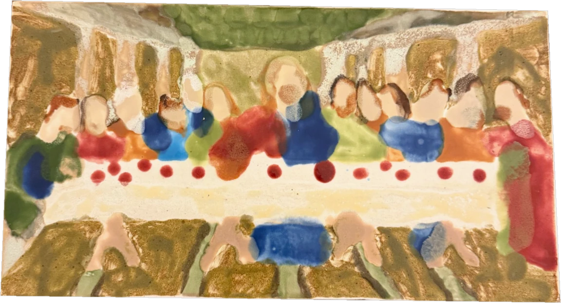 Ceramic tile painted with a Last Supper scene: a row of seated figures at a long table with a line of red dots along its center