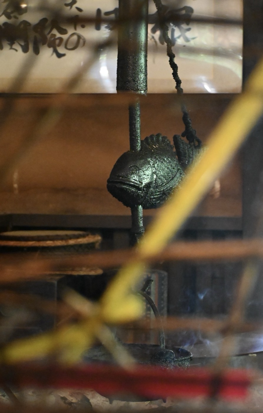 Photograph of a bronze fish sculpture seen through glass and reflections