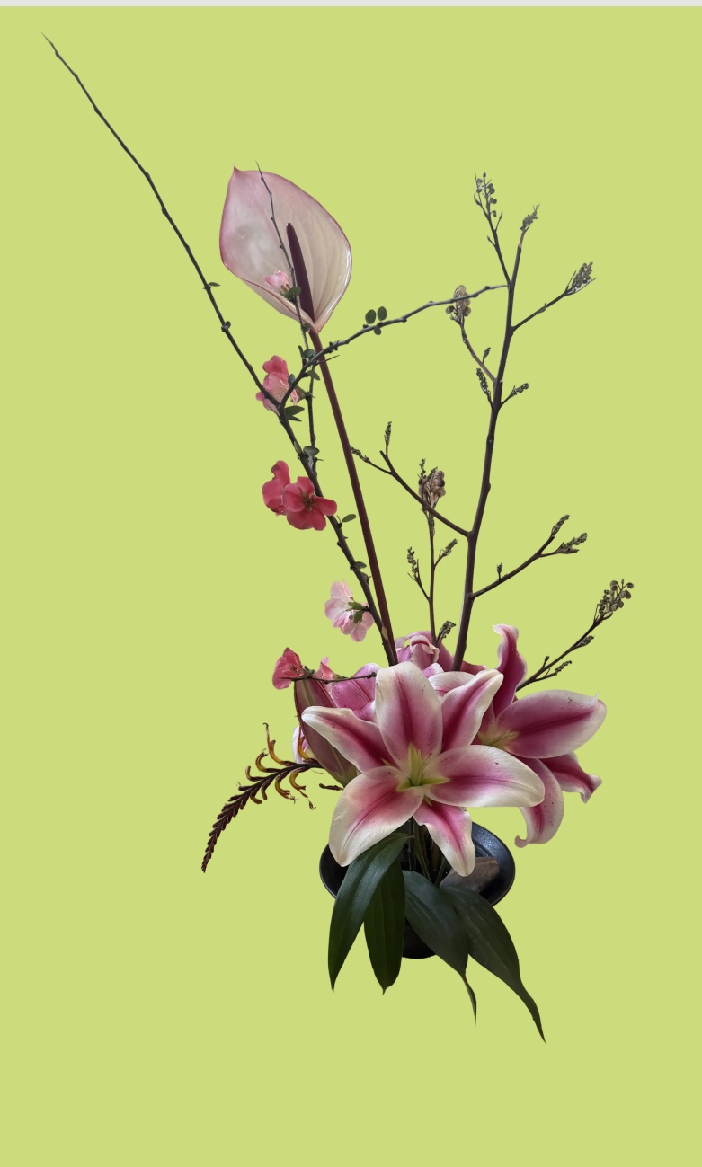 Ikebana arrangement with red dahlia, berries and lily buds over a bowl of petals