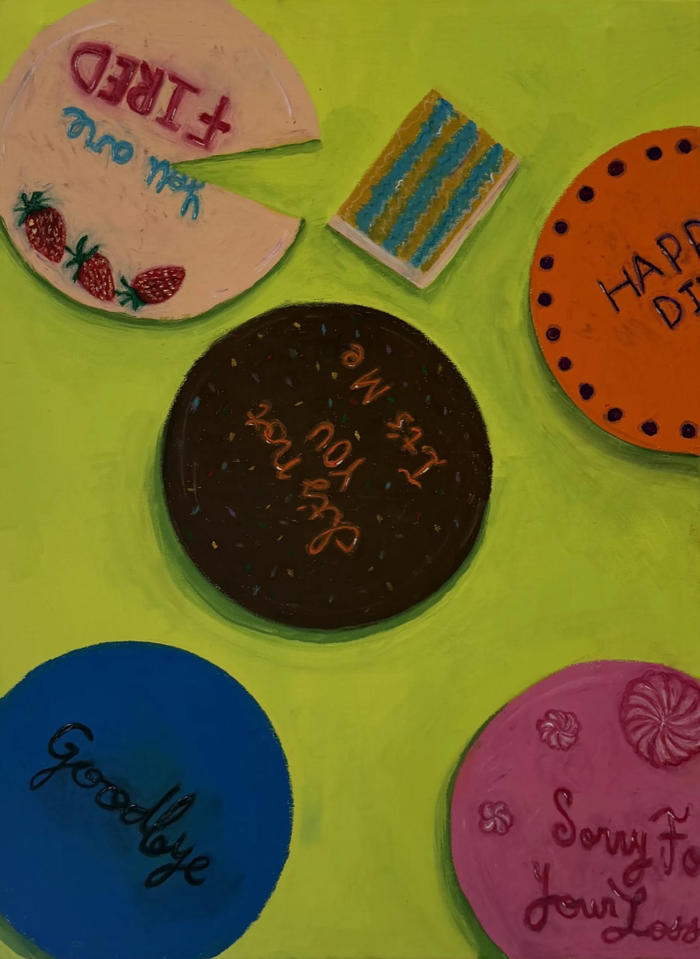 Painting of iced cake slices and rounds on a green ground, each lettered with a different message